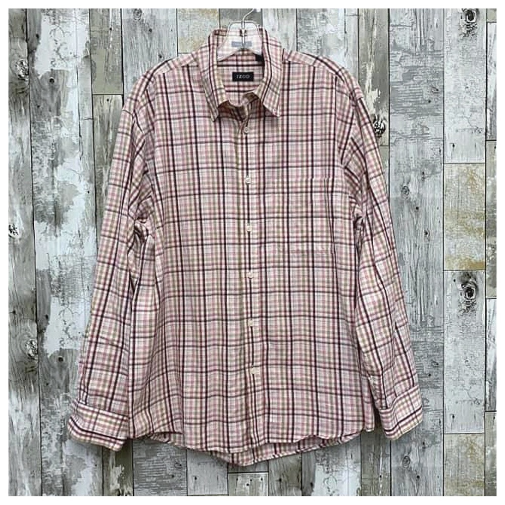 #485 Izod Wine Red Khaki Check Plaid Collared Button Down Shirt Casual Top Large